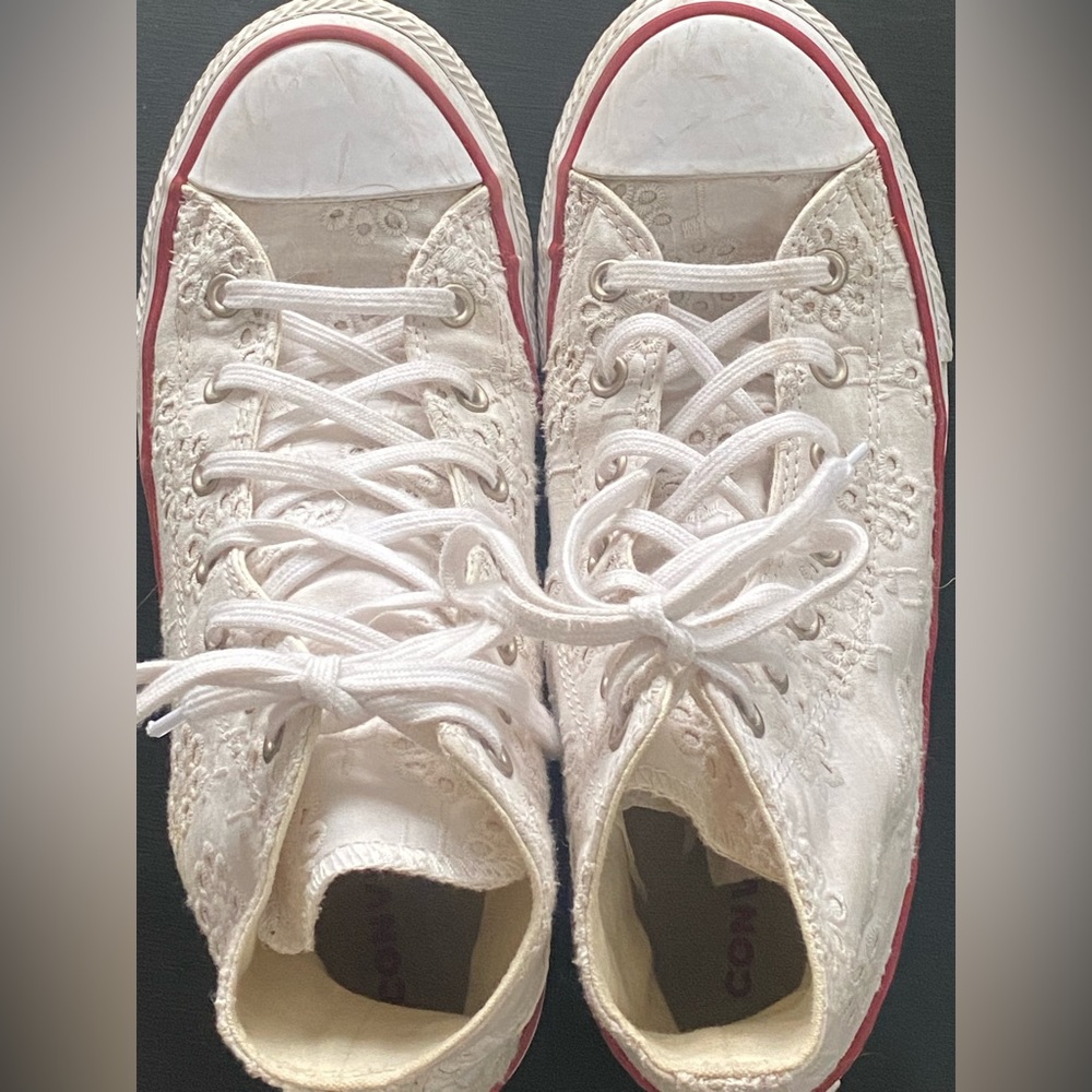 Converse All Star white High Tops with white embroidery floral detailing.